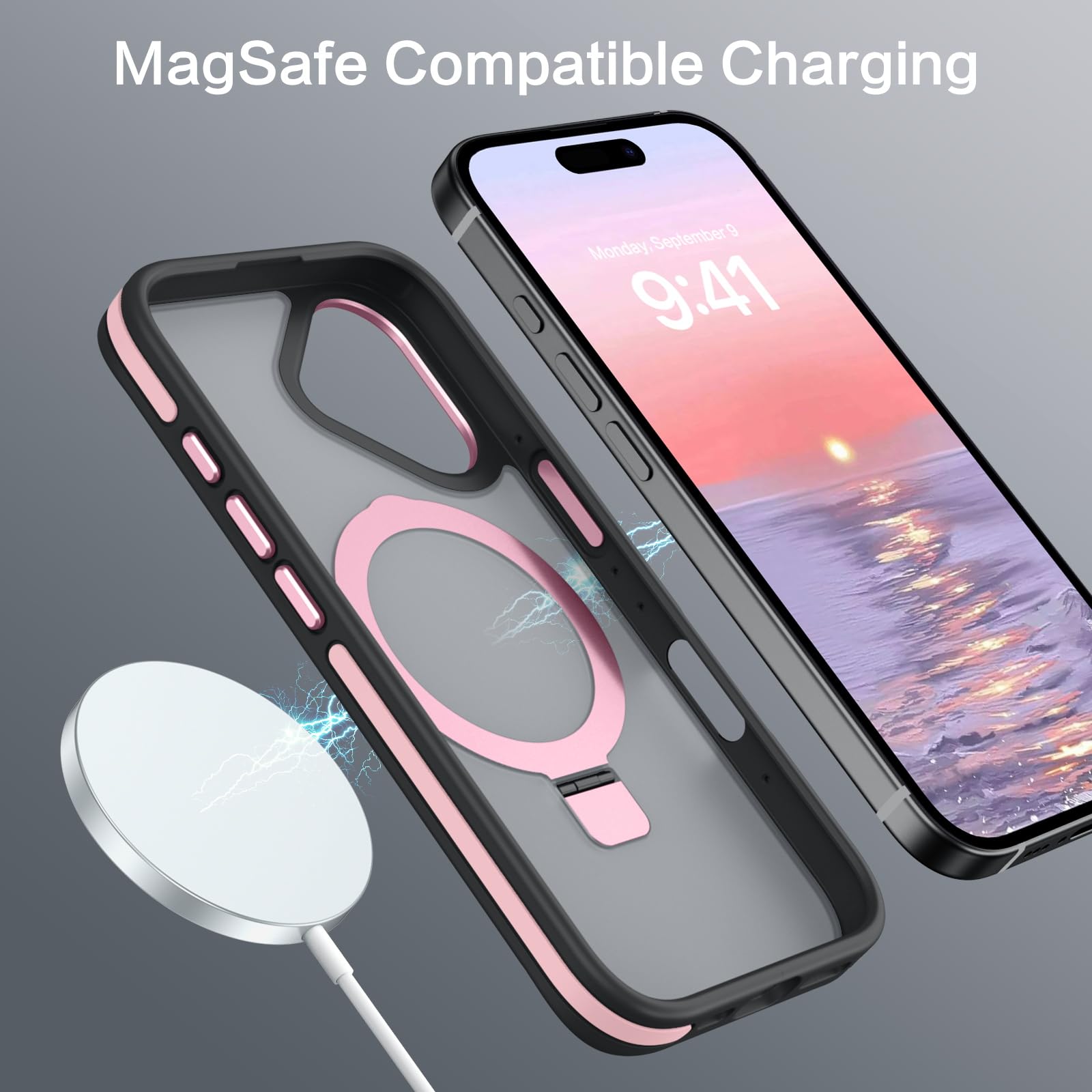 Veningo Iphone 16 Case, Magnetic Slim Fit Magsafe Translucent Matte Car Mount Supported With Foldable Ring Holder Kickstand Shoc